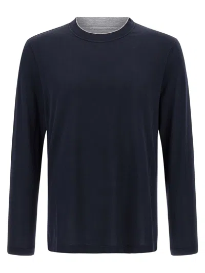 BRUNELLO CUCINELLI MEN NAVY BLUE MULTI LAYER T-SHIRT, XL LUXURY T-SHIRTS FOR MEN DARVEYS