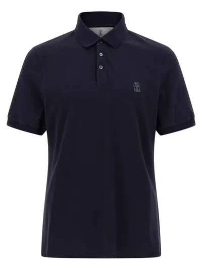 Brunello Cucinelli Navy Blue Pique Polo Shirt In Black