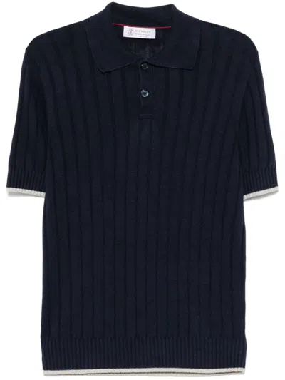 Brunello Cucinelli Navy Blue Polo With Contrasting Border In Black