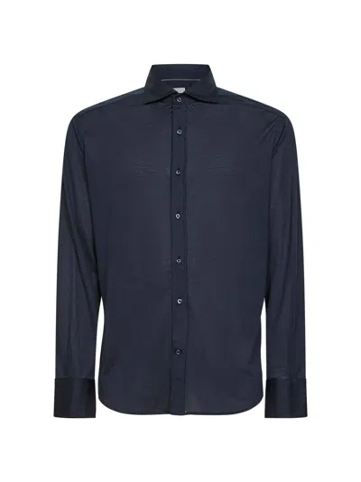 Brunello Cucinelli Men Classic Cotton And Silk Blend Shirt In Blue