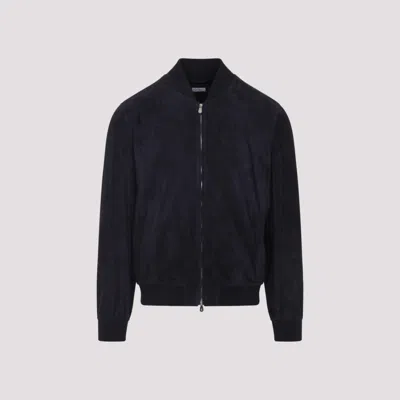 BRUNELLO CUCINELLI NAVY BLUE SUEDE BOMBER JACKET