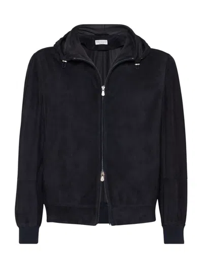 BRUNELLO CUCINELLI NAVY BLUE SUEDE HOODED JACKET