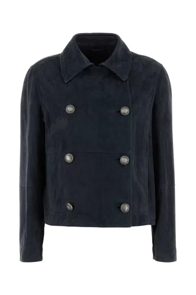 Brunello Cucinelli Women Navy Blue Suede Jacket