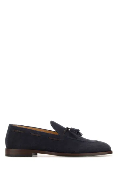 Brunello Cucinelli Navy Blue Suede Loafers In Black