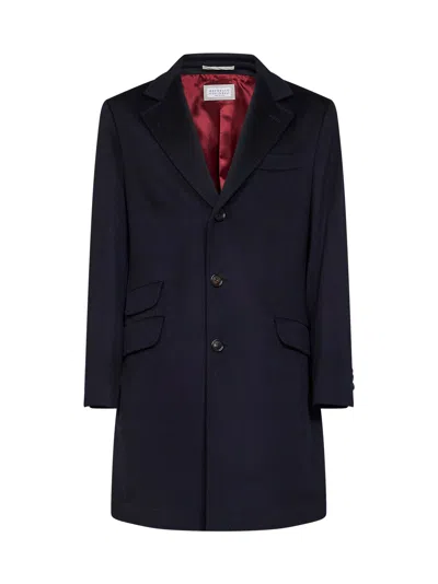 Brunello Cucinelli Navy Blue Virgin Wool Single-breasted Coat In Black