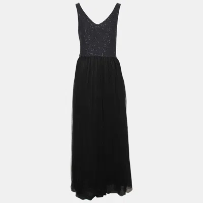 Pre-owned Brunello Cucinelli Navy Blue/black Tulle And Sequins Tweed Sleeveless Maxi Dress S