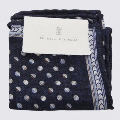 Brunello Cucinelli Navy Blue/milk Silk Foulard In Green