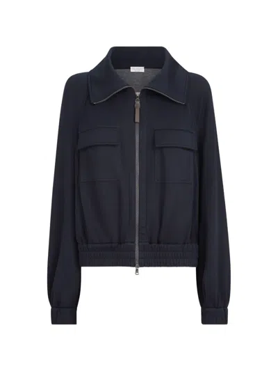 Brunello Cucinelli Navy  Cotton-silk Interlock Cardigan Featuring Patch Pockets An In Blue
