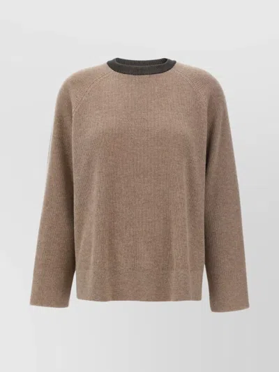 Brunello Cucinelli Neckline Contrast Knit Sweater In Beige