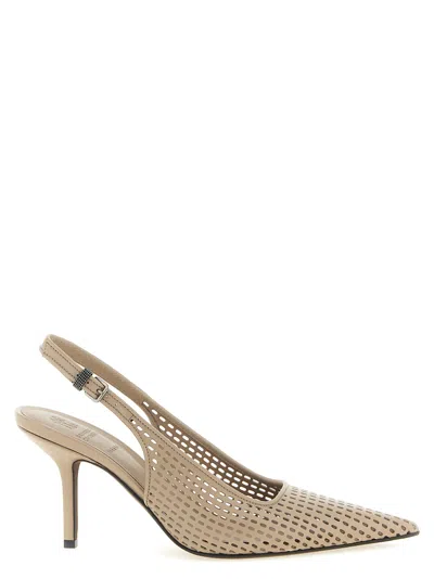 Brunello Cucinelli Net Calf Slingback Pumps Beige