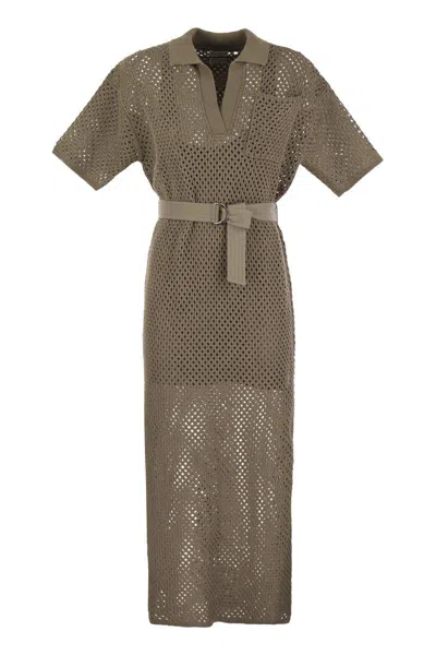 Brunello Cucinelli Net Cotton Knit Dress With Belt In Hazelnut