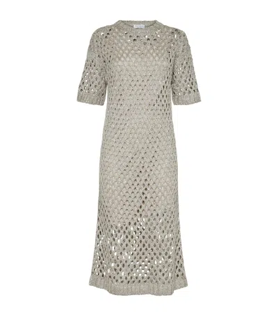 Brunello Cucinelli Net Dazzling Knitted Midi Dress In Gray