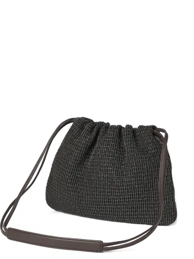 Brunello Cucinelli Net Embroidery Leather Soft Pochette In Black