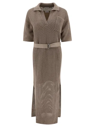 Brunello Cucinelli Net Knit Dress With Detachable Belt In Brown