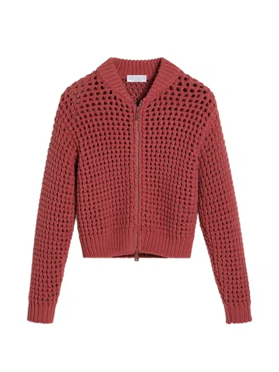 Brunello Cucinelli Kids' Net Zip-up Cardigan In Red