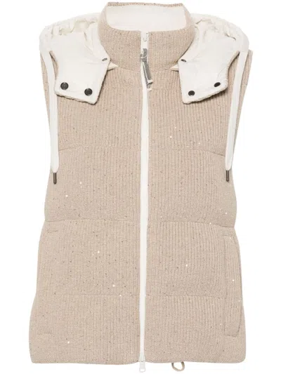 Brunello Cucinelli Neutral Sequin Padded Gilet In Neutrals