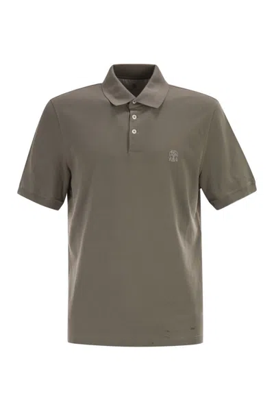 Brunello Cucinelli New Kaki Embroidered Cotton Polo In Gray