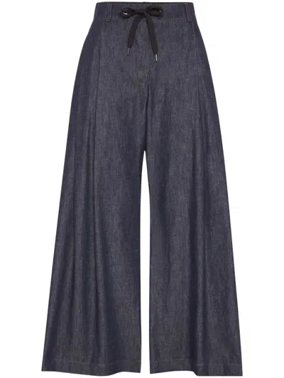 BRUNELLO CUCINELLI NO-FADE DENIM WIDE PLEATED PANTS WITH MONILI
