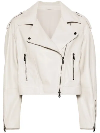 Brunello Cucinelli Notched-lapels Leather Jacket In Neutrals