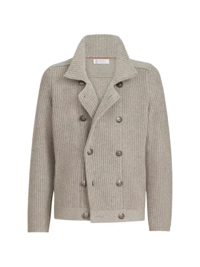 Brunello Cucinelli Cashmere Half English-rib Mariner Cardigan In Gray
