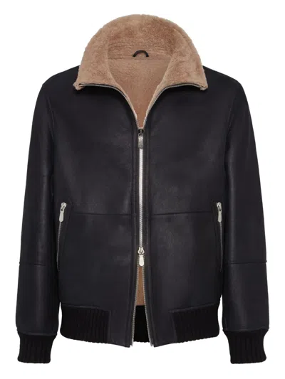 Brunello Cucinelli Nubuck Fur-lining Bomber Jacket In Black