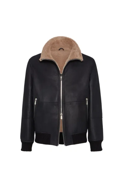BRUNELLO CUCINELLI BRUNELLO CUCINELLI NUBUCK SHEARLING BOMBER JACKET