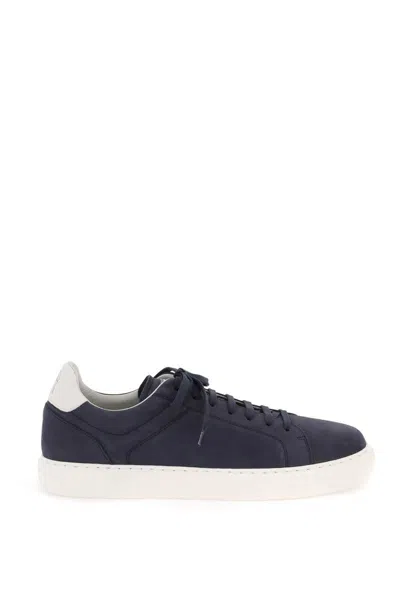 Brunello Cucinelli Leather-trimmed Brushed-suede Sneakers In Cr Dark Blue