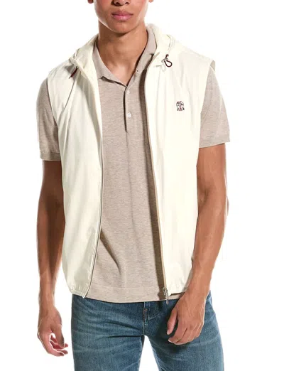 Pre-owned Brunello Cucinelli Nwt$2495  Men Sleeveless Hooded Rain Jacket W/logo Detail A248 In White