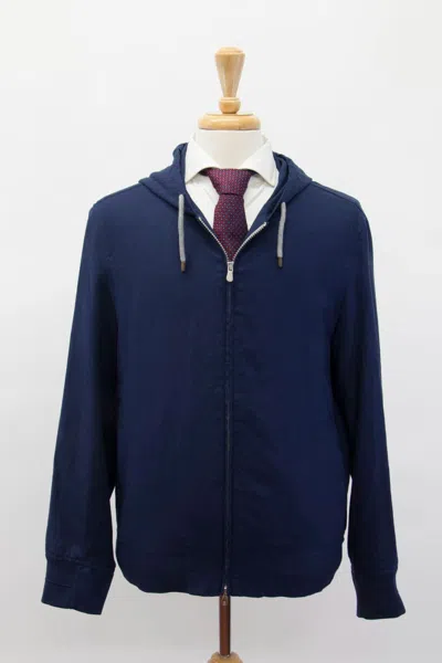 Pre-owned Brunello Cucinelli Nwt$3195  Men Linen-wool Hooded Jacket With Logo Hardware A238 In Blue