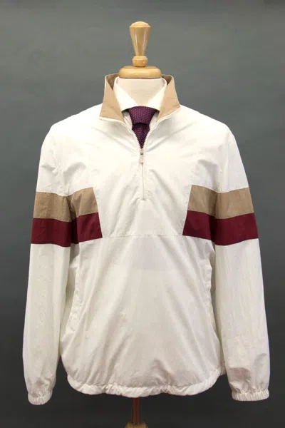 Pre-owned Brunello Cucinelli Nwt$3495  Men 1/2zip Jacket W/logo Accents+graphic Back M A248 In White + Khaki & Burgundy Stripe Accents