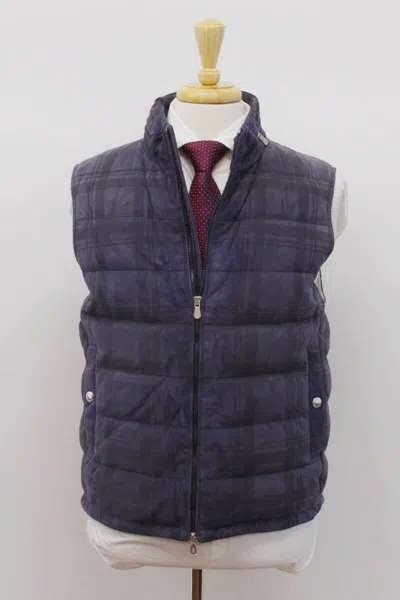 Pre-owned Brunello Cucinelli Nwt$5995  Men Leather Suede Plaid Goosedown Puffer Vest M A232 In Navy Blue + Black Print