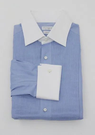 Pre-owned Brunello Cucinelli Nwt$945  Mens "slim Fit" 2-tone Tuxedo Dress Shirt Size M A201 In Blue + White Detailing