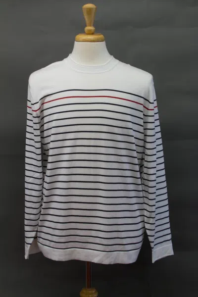 Pre-owned Brunello Cucinelli Nwt$995  Men 2tone Striped Cotton Knit Pullover Crewneck A228 In White & 2-tone, Red + Navy-black Print