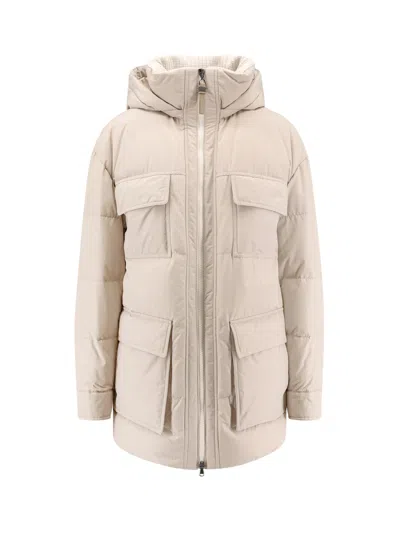 Brunello Cucinelli Nylon And Cotton Hooded Down Jacket In Neutral