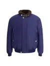 Brunello Cucinelli Nylon Down Jacket With A Shearling Collar In Blue