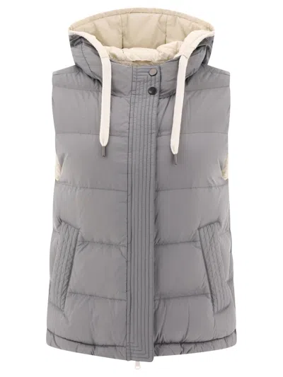 Brunello Cucinelli Nylon Down Vest With Hood And Shiny Trim In Gray