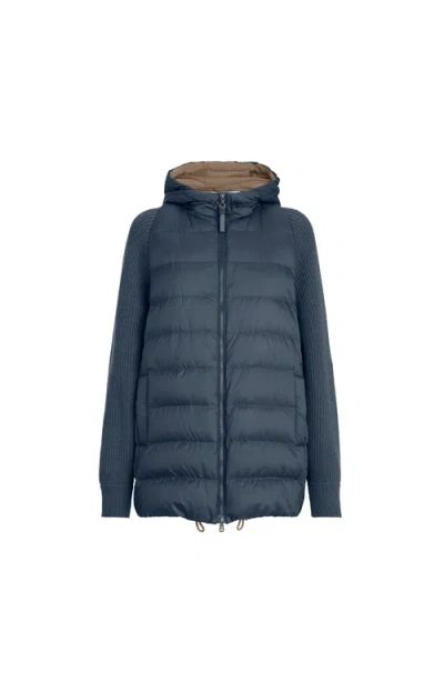 Brunello Cucinelli Nylon Hooded Down Jacket In Blue