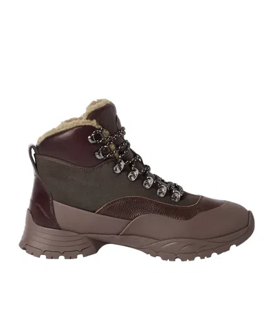 Brunello Cucinelli Nylon, Rubber-effect Calfskin And Délavé Deerskin Outdoor Boots With Merino Shearling Lining In Brown