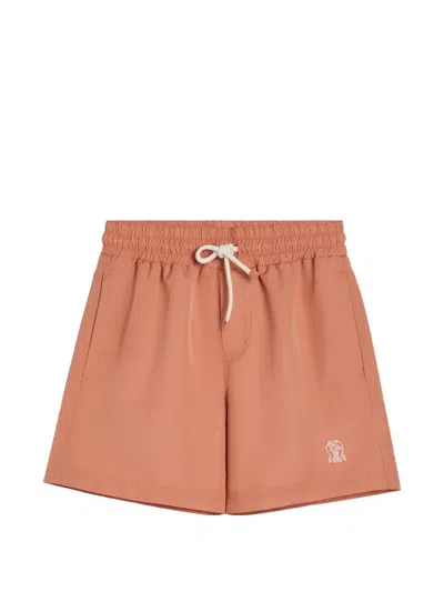 Brunello Cucinelli Kids' Nylon Swim Shorts With Logo In Orange