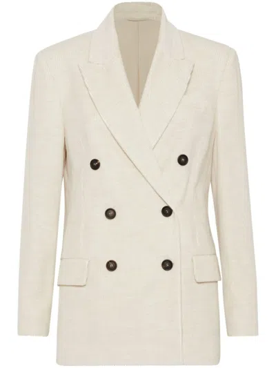 BRUNELLO CUCINELLI OFF WHITE CORDUROY DOUBLE-BREASTED BLAZER