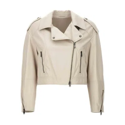 Brunello Cucinelli Off White Leather Cropped Jacket In Neutral
