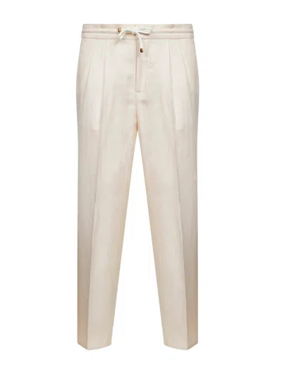 Brunello Cucinelli Men Off-white Linen And Cotton Drill Leisure Fit Trousers In Neutral