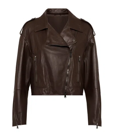 Brunello Cucinelli Off-the-center Zip Biker Jacket In Brown