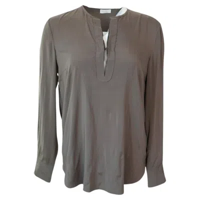 Pre-owned Brunello Cucinelli Olive Long Sleeve Silk V-neck Blouse In Gray