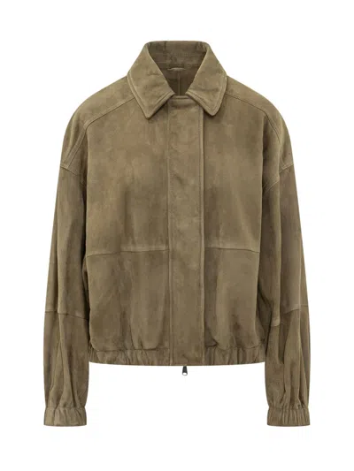 Brunello Cucinelli Olive Solid Shirt Collar Jacket In Green