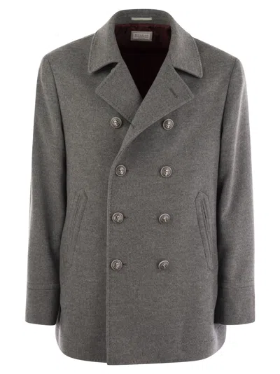 Brunello Cucinelli One-and-a-half-breasted Cashmere Coat With Metal Buttons In Grey