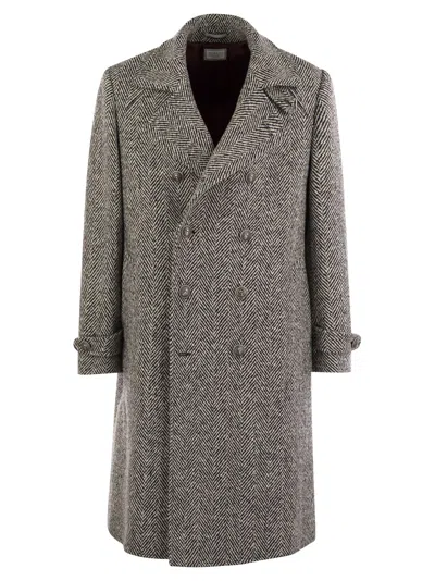 Brunello Cucinelli One-and-a-half-breasted Coat In Herringbone Virgin Wool In Black/white