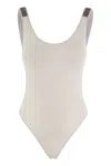 Brunello Cucinelli One-piece Swimming Costume In Techno Jersey With Necklace In Neutral
