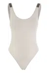 Brunello Cucinelli One-piece Swimming Costume In Techno Jersey With Necklace In White