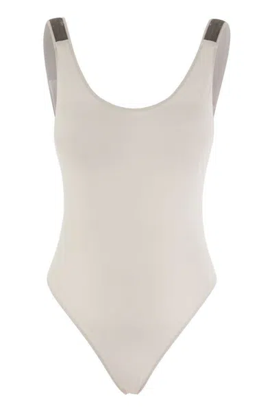 Brunello Cucinelli One-piece Swimming Costume In Techno Jersey With Necklace In White